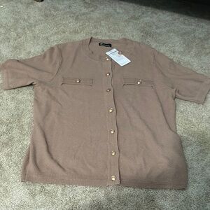 Brown Short Sleeve Cardigan with Gold Buttons